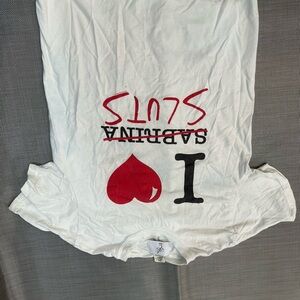 Sabrina Carpenter White Graphic Tee with Red and Black Print